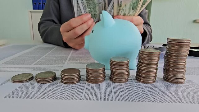 Growing savings with a blue piggy bank and stacked coins on a table