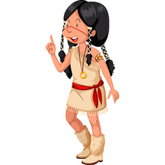 Indigenous girl with braided hair wearing traditional fringe dress and fur boots pointing finger with a smile and happy expression isolated on white background