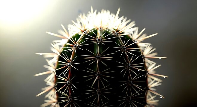Backlit Cactus with Sharp Spines and Water Droplets in Dark Gree