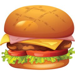 Illustrative Close Up Of A Delicious Hamburger With A Golden Brown Bun Melted Yellow Cheese And Pink Ham Slices On A Transparent Background