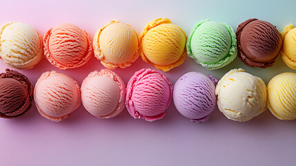 Fototapeta premium Colorful Scoops Of Ice Cream Arranged Neatly Forming A Sweet Dessert Photography Scene