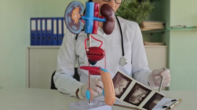 Ultrasound of male genital organs and doctor examines result. Ultrasound of penis indications of cause and diagnosis