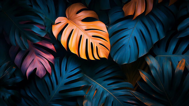 Colorful Palm Leaf Overlapping Dark Background Creating An Exotic Tropical Art Style