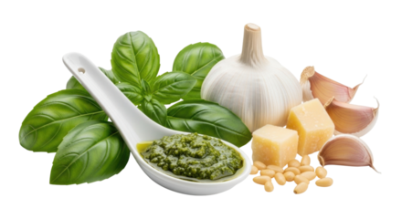 Pesto ingredients with spoon transparent background cutout png