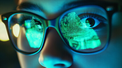 Hacker with data reflected in glasses coding cybersecurity with digital information