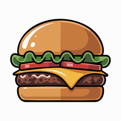 Cartoon Hamburger With Lettuce, Tomato, Cheese, And Bun—Bright Fast Food Illustration For Menu Or Ad