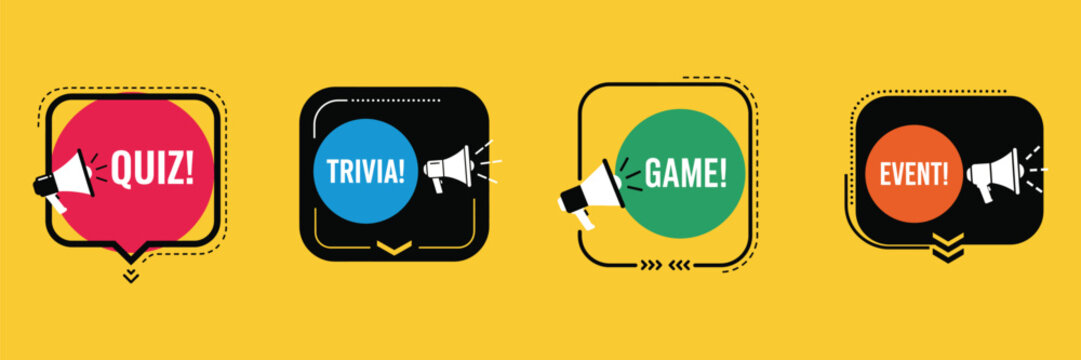 Set of colorful speech bubbles with text quiz, trivia, game, event and megaphone isolated on for social media post