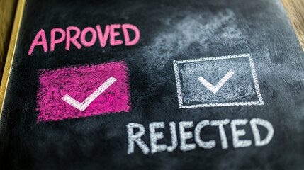 Chalkboard showing business decision, approved with pink check mark and rejected choice