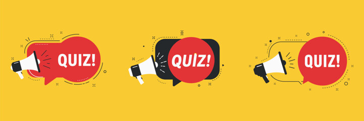 Three megaphone icons with the word quiz on a yellow background, perfect for social media, marketing campaigns, and educational content creation