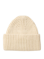 Warm knitted winter cap on a plain white backdrop for woman
