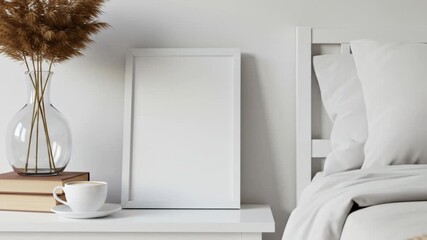 Cozy bedside scene with a blank frame, coffee, books, and dried plant arrangement