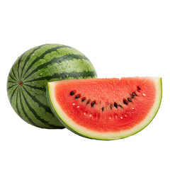 Bright 4K advertising photograph of a whole mini watermelon and a large, crisp slice, highlighting the watery red texture, dark seeds, and green striped rind, dewy water drops, isolated on a pure whit