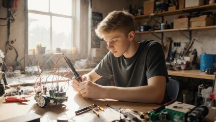 Young inventor meticulously working on a robotic project in workshop.