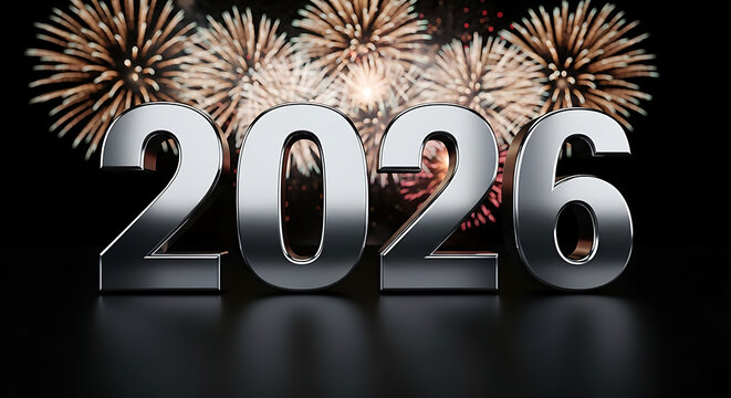 Silver 2026 new year with fireworks in the background on black background