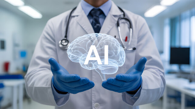 Doctor presents glowing AI brain hologram symbolizing medical innovation and technology