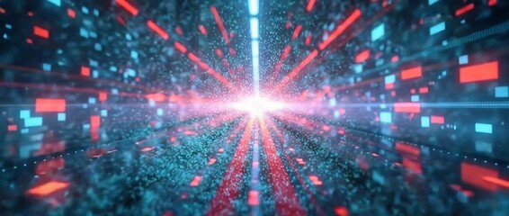 Dynamic digital data stream in a futuristic corridor, particles accelerating forward with a steady tracking camera, creating a cinematic, high-tech atmosphere with vibrant neon lights. - Powered by Adobe