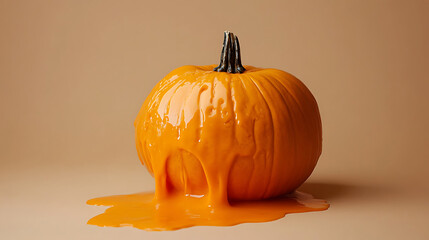 Pumpkin Melting On Beige Background Forming A Surreal Warm Minimal Creative Composition