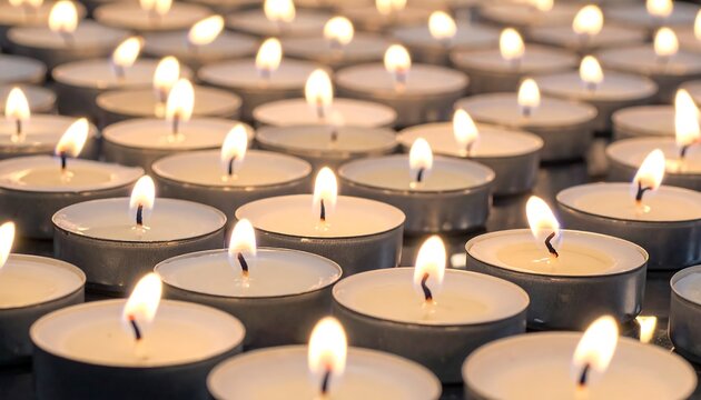 Close-up of numerous small, lit candles arranged densely. Each flame flickers brightly, creating warm illumination and a comforting atmosphere