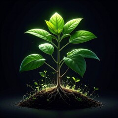 A stylized illustration of a vibrant green plant emerging from dark soil, glowing brightly on a black backdrop