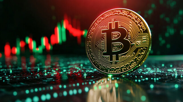 Golden Bitcoin shines against a backdrop of financial charts indicating market trends