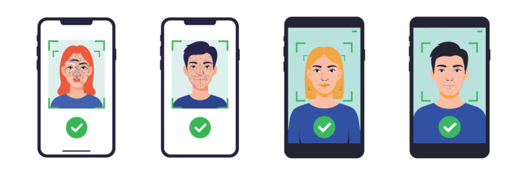 Face recognition technology on smartphones with successful scan and green checkmark isolated on biometric identification and security concept for mobile devices