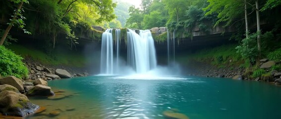 Serene waterfall cascading into a tranquil pool, surrounded by lush greenery; camera gently pans, capturing the natural beauty and ambient movement in a cinematic, peaceful landscape.