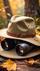 A tan hat with a brown strap rests atop a pair of binoculars on a wood surface covered with autumn leaves. Blurry forest background