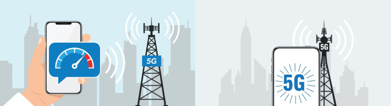 5g network technology vector illustration set isolated on mobile phone with speed test and cellular tower for high speed internet connection
