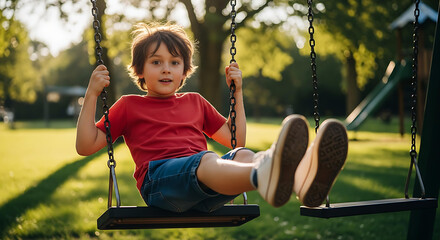 Joyful boy swinging high, laughing in sunny park, enjoying childhood fun and freedom, creating happy memories on a playground swing set outdoors