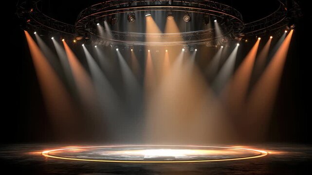 Stage setup featuring a circular lighting rig with spotlights illuminating the performance area in a dark venue ready for an event