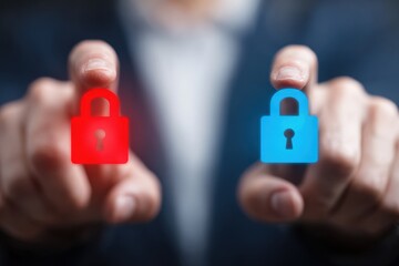 Digital lock icons displayed on a screen with red and blue colors showing security features and options for password protection and access control settings