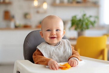 Smiling baby enjoys carrot puree in high chair while seated in a bright, cozy kitchen during afternoon snack time