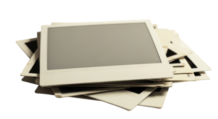 Stack of instant photo prints with blank gray area transparent background cutout png