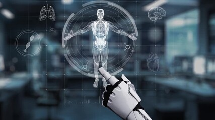 Close up of robotic hand pointing and clicking at human anatomy to access medical data or diagnosis symptom. Robotic hand checking at x ray holographic while using AI analyzing symptom. Salubrious. - Powered by Adobe