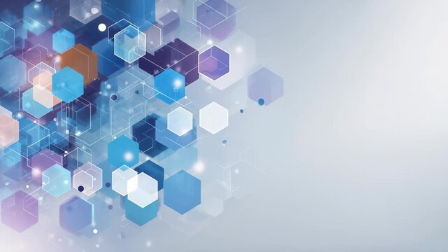 Health care innovation concept featuring a modern geometric pattern of hexagons and circles in shades of blue and purple