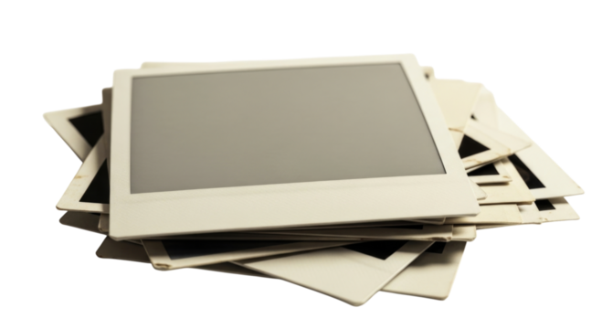 Stack of instant photo prints with blank gray area transparent background cutout png - Powered by Adobe