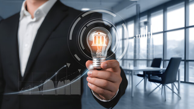 Businessman presents innovative financial growth idea with glowing lightbulb and charts
