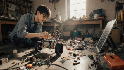 Young Man Engrossed in Electronics Project on Messy Floor.