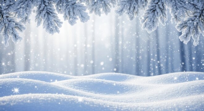 Snowy winter forest scene with falling snowflakes and snowcovered pine branches