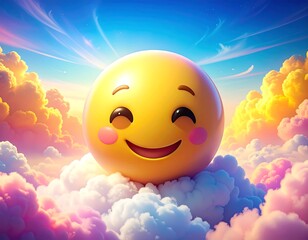 A vibrant, cheerful smiling emoji, rendered in 3D, floats serenely above soft, fluffy pastel-colored clouds against a bright, azure sky