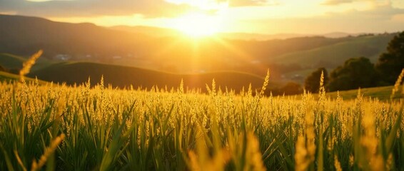 Golden wheat sways gently under a cinematic sunset as the camera slowly pans, capturing the serene beauty of rolling hills and vibrant skies in a tranquil rural landscape.