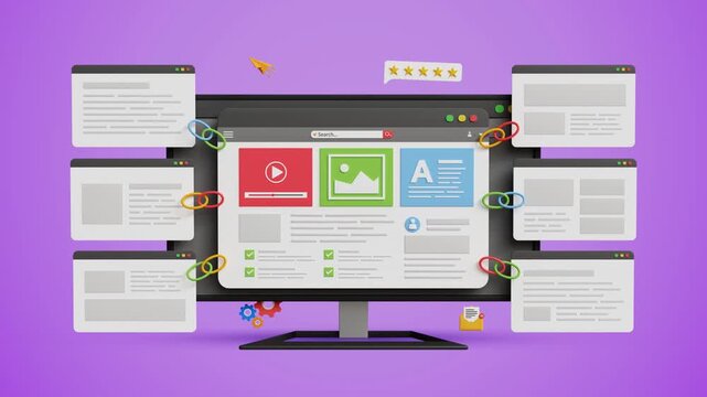 Link Building Strategy, Strong SEO Support, Better Domain Authority, High Search Ranking, Organic Traffic Growth, Quality Link Building. Computer with web page, other backlink pages attached. 3D Video