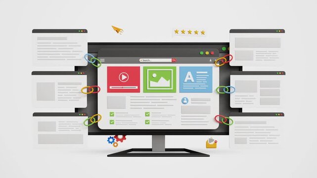 Content Backlink Strategy, SEO Growth, High Authority Links, Improved Rankings, Organic Traffic Boost, Off-page SEO concept. Web page with other backlink pages on computer. 3D Video Animation