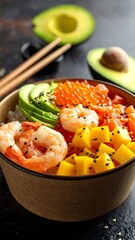 A vibrant close-up of a colorful poke bowl, featuring seafood, avocado, mango, and rice, with chopsticks