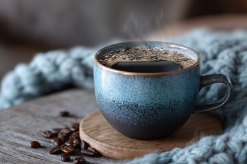 Enjoying a cozy morning ritual with freshly brewed coffee in an artisan ceramic cup alongside roasted coffee beans on a wooden table