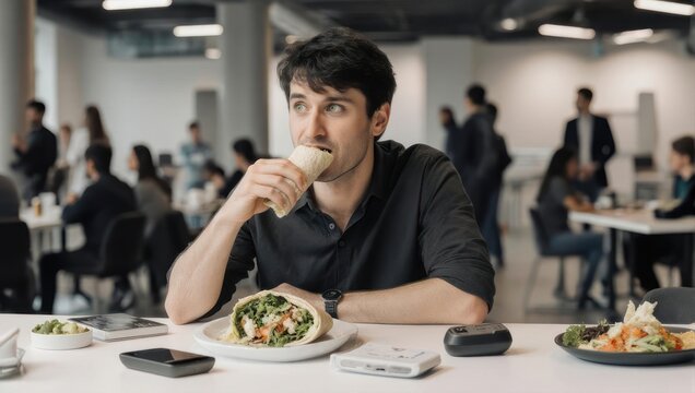 Young man enjoying a healthy lunch and drink in a modern office cafeteria.