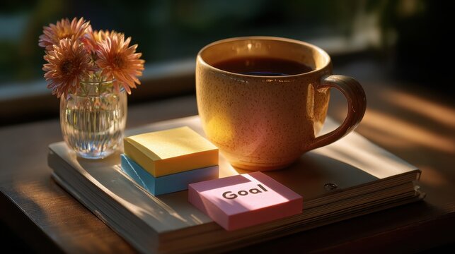 Morning coffee with colorful sticky notes.