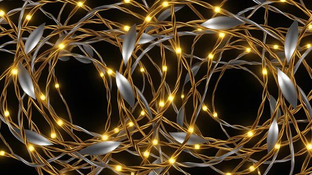 Close-up of tangled warm fairy lights with silver leaf accents on a black background.