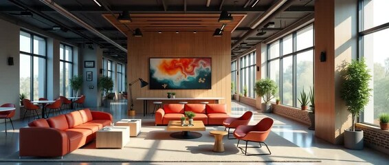 Modern office lounge with vibrant art, sunlight streaming through large windows, plants swaying gently; slow pan reveals sleek furniture and open layout in a cinematic style.