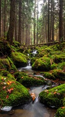 Obraz premium Lush forest scene featuring a flowing stream and mossy rocks